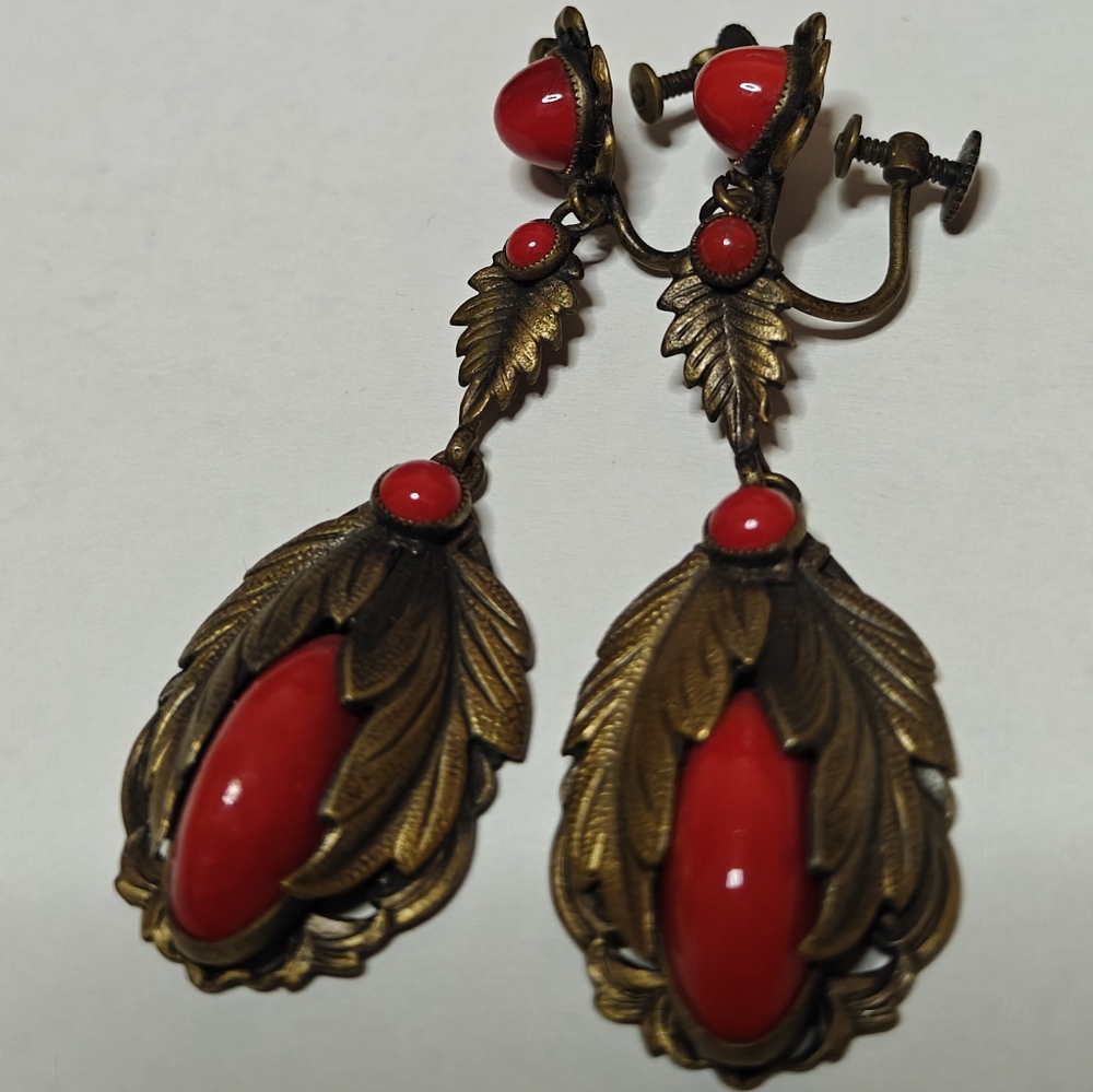 Vintage Art Deco Czech Gablonz Red Coral Glass Earrings